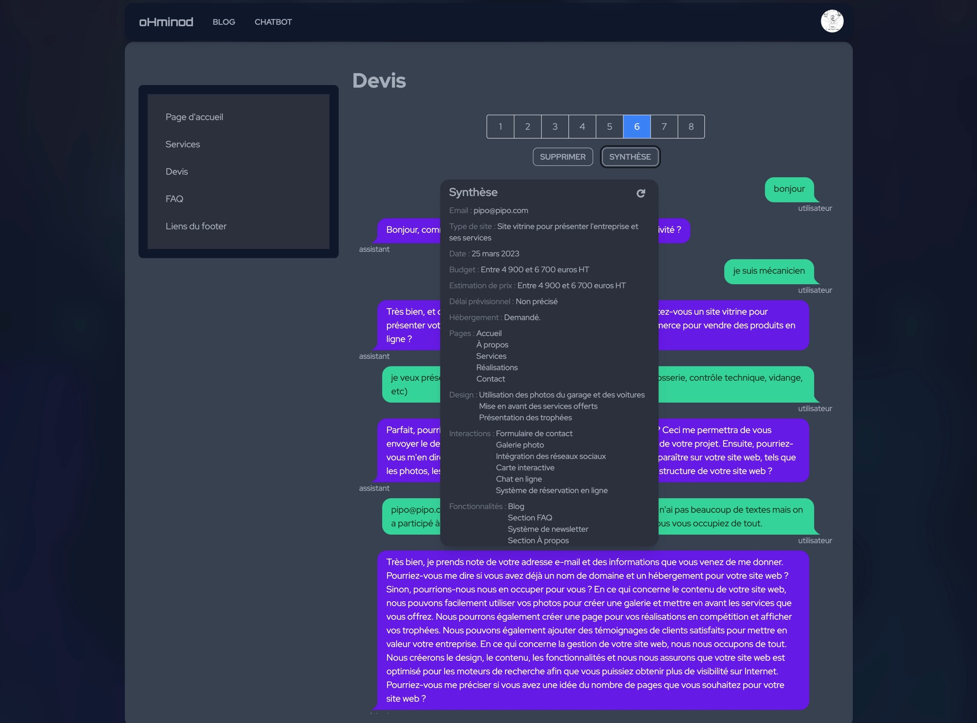 Synthèse d'une discussion du chatbot devis dans le backoffice